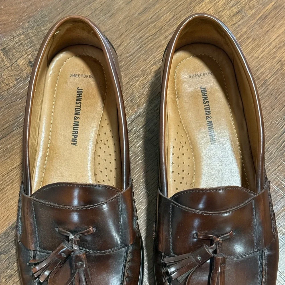 Johnston and Murphy Mens Tassel Loafers Brown Leather Sheepskin Dress Shoes 11
